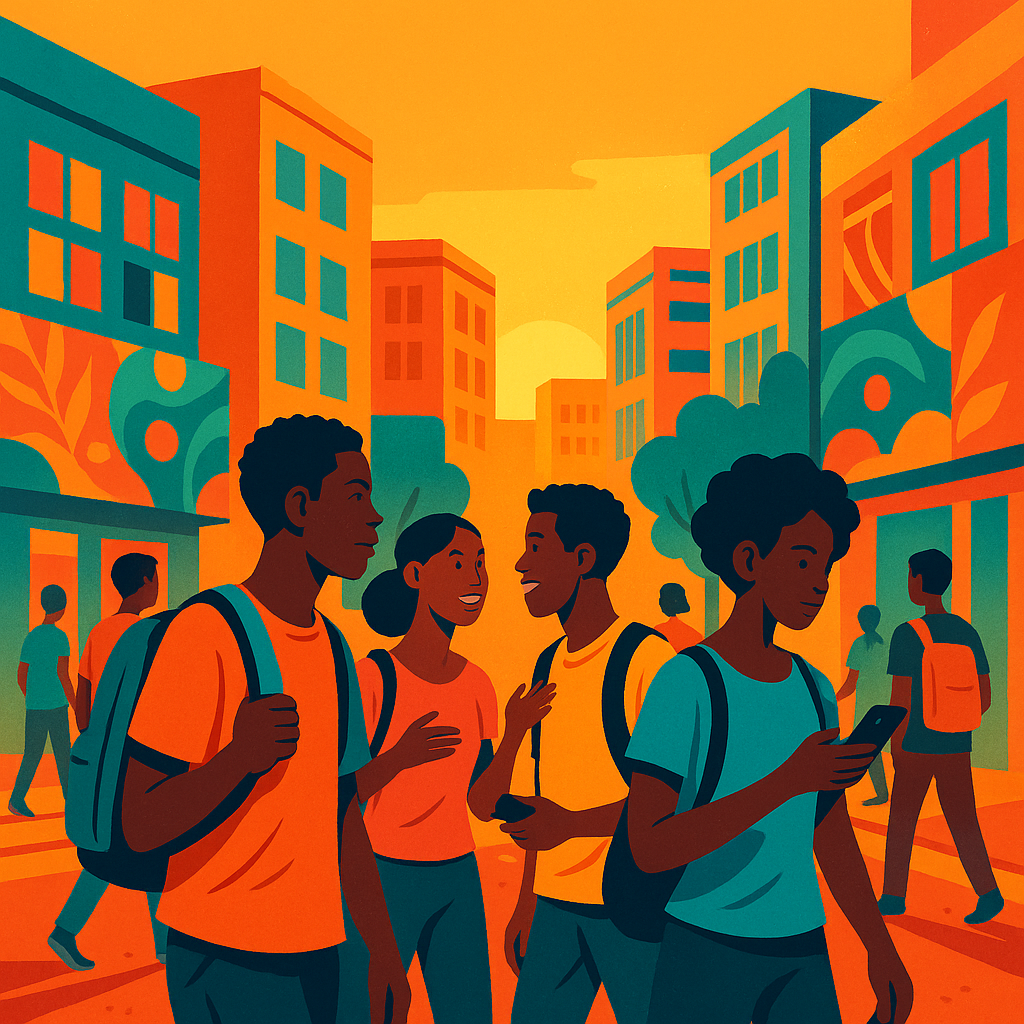 Ilustración de una ciudad africana moderna con jóvenes caminando y conversando