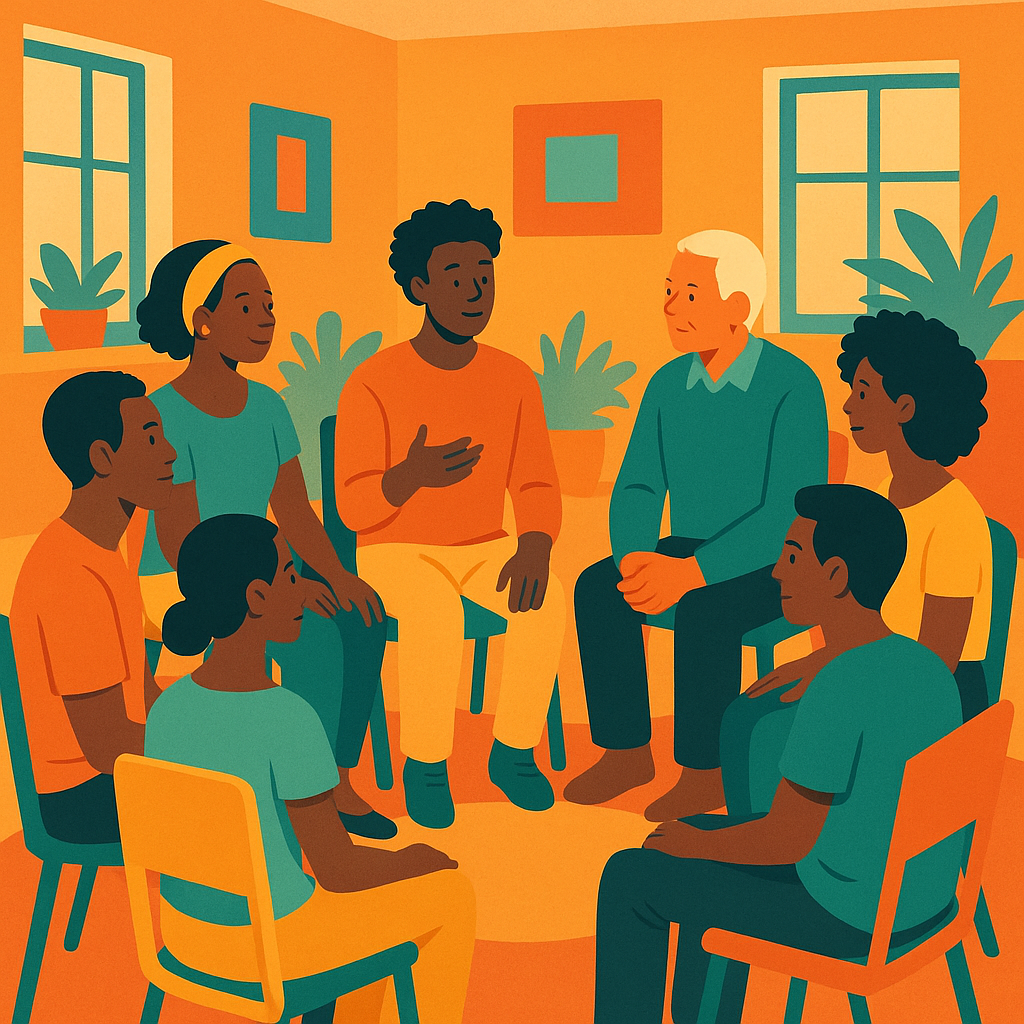 Ilustración de un círculo de diálogo entre jóvenes y personas adultas