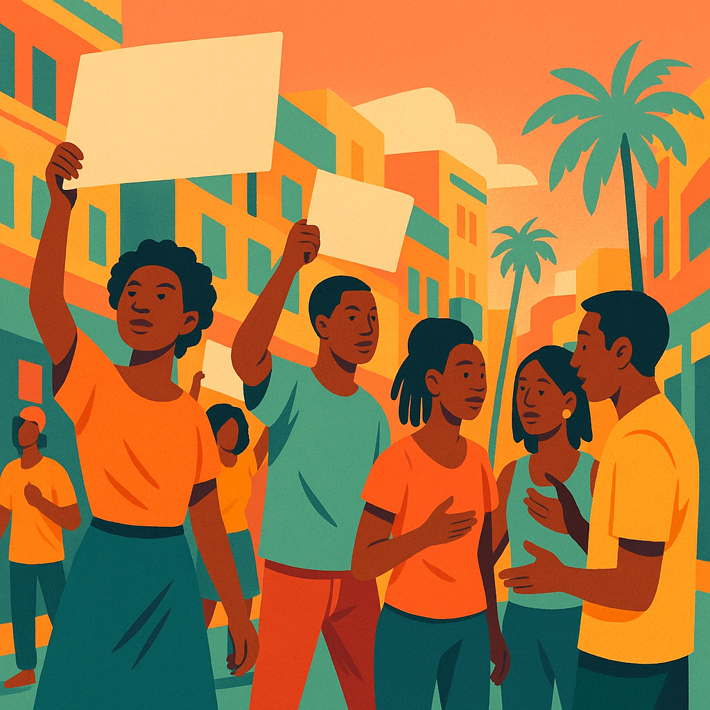 Ilustración de jóvenes africanos en una calle urbana con pancartas en blanco