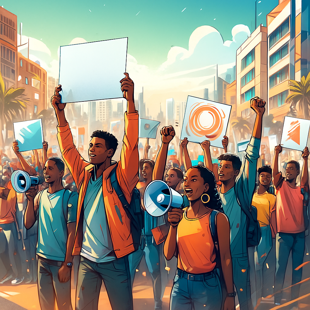 Ilustración de jóvenes en una protesta pacífica en una ciudad africana