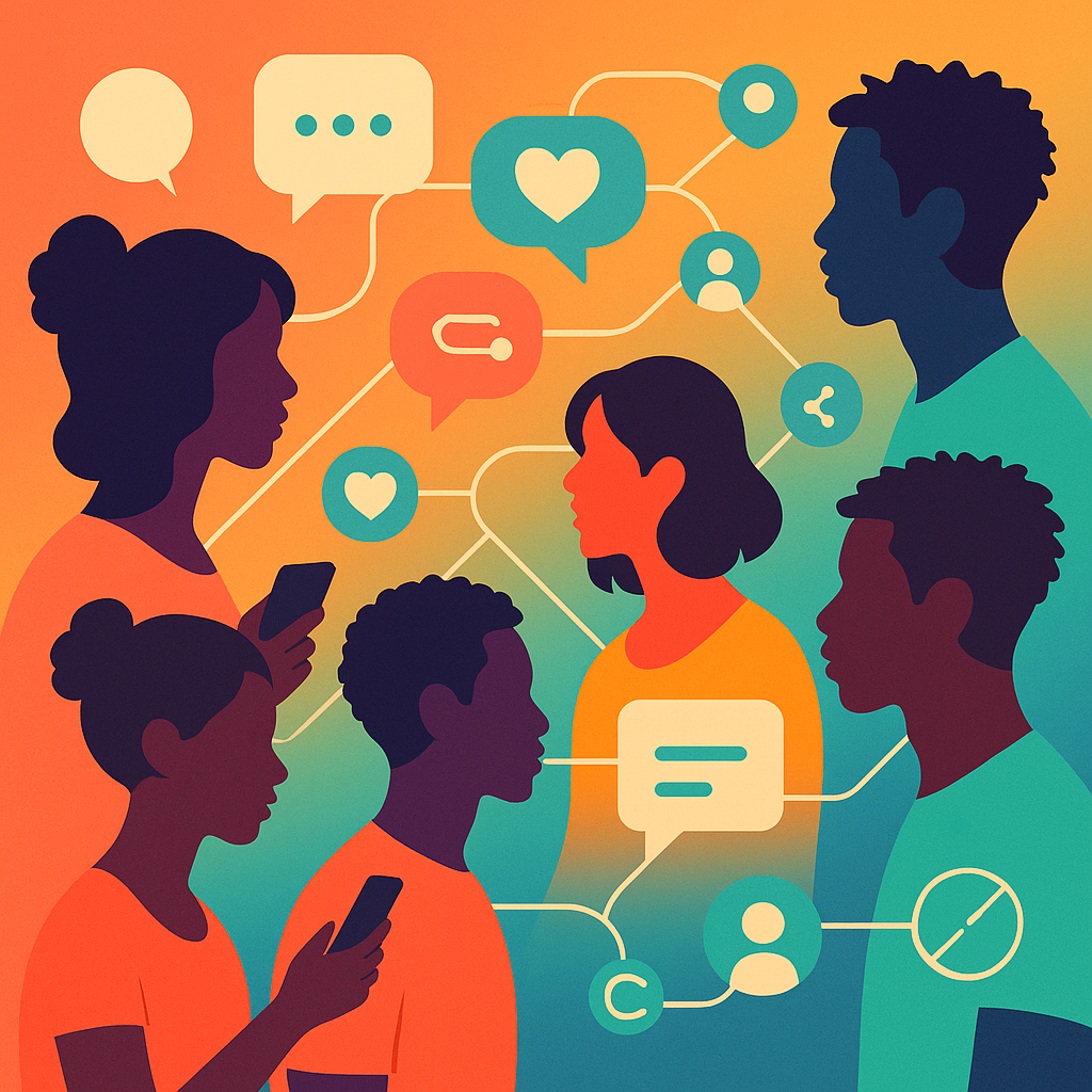 Ilustración de jóvenes conectados por líneas que representan redes sociales